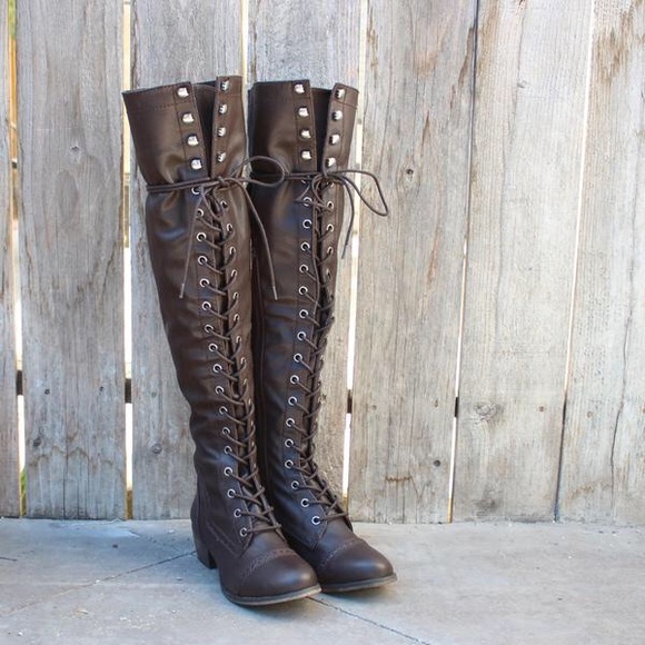 Brown Thigh High Over The Knee Lace Up Flat Boots - Picture 2 of 8